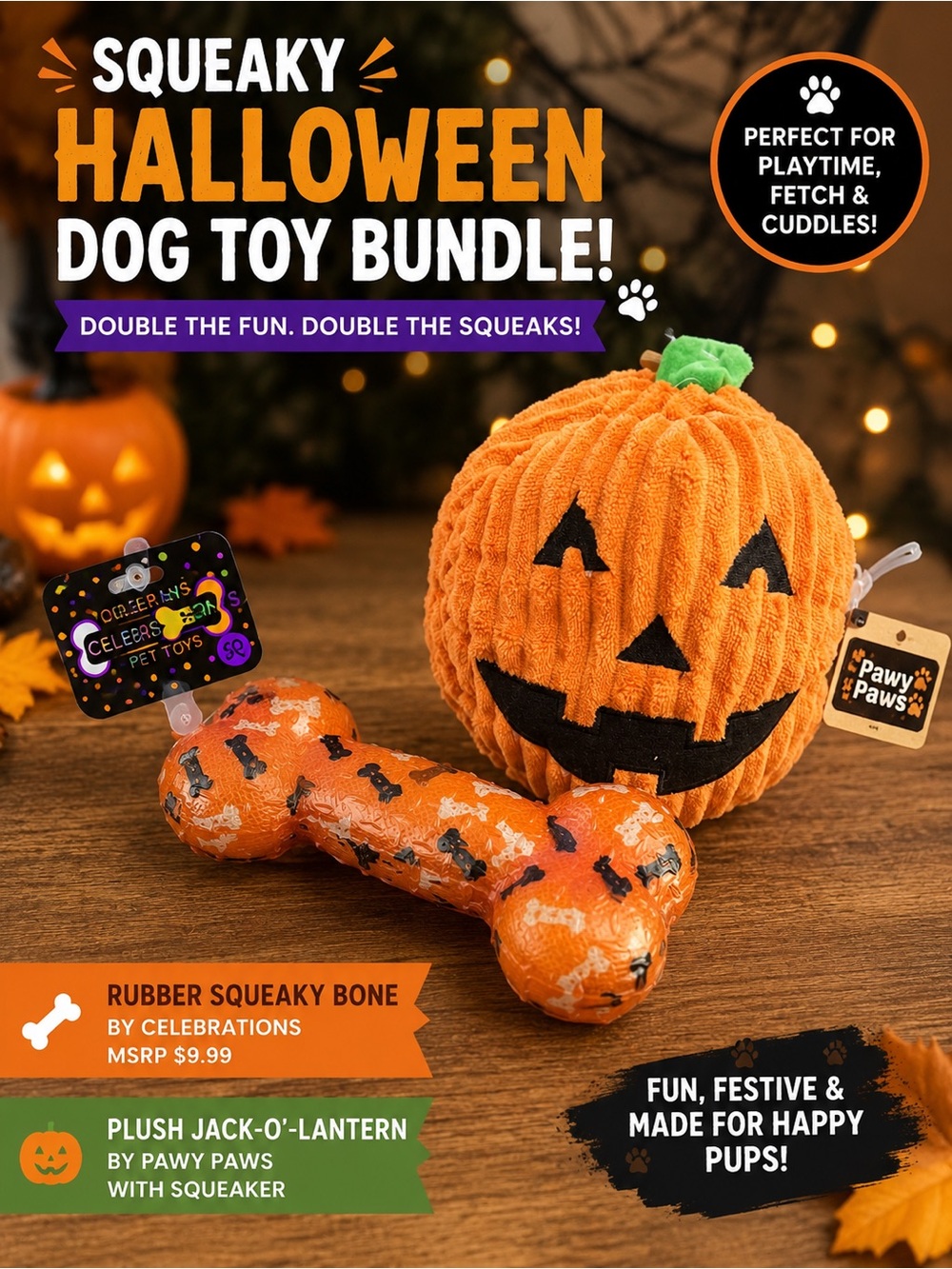 Pawy Paws Orange Plush Jack-O'-Lantern & Rubber Squeaky Bone Dog Toy Bundle